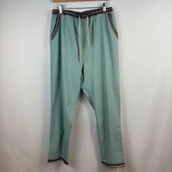 Mint Green Bohemian-Style Pants w/ Embroidered Details - Picture 1 of 7